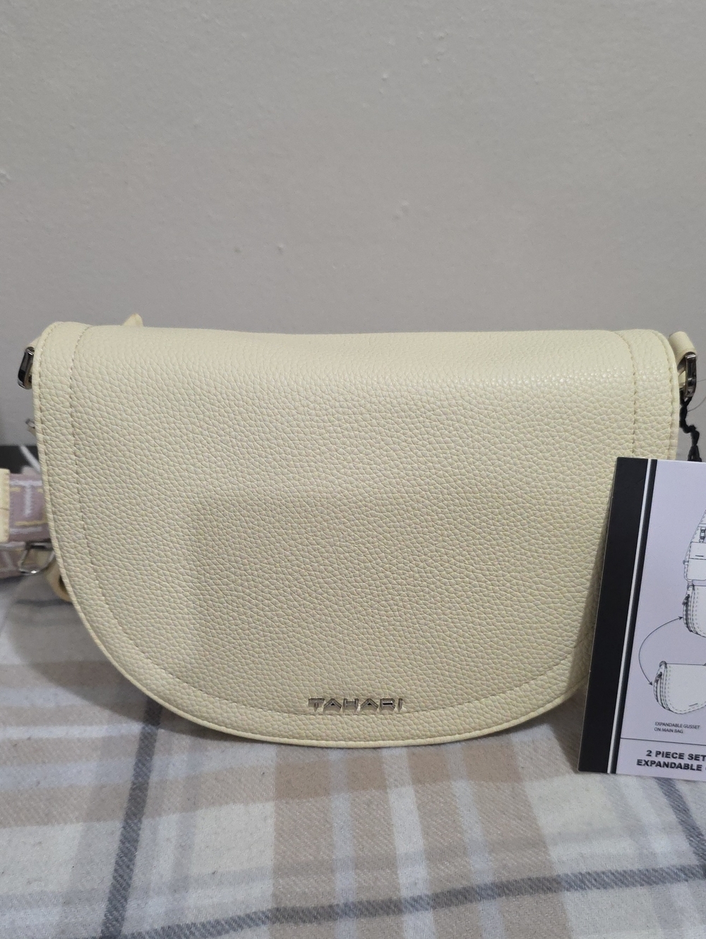 Tahari Light Cream Pebbled Crossbody Saddle Bag